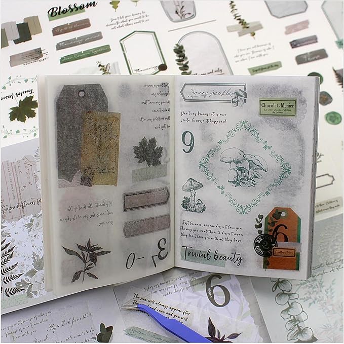 40 Sheets Nature Themed Washi Stickers Book for Adults, 180pcs Botanical Plant Stickers with 20 Adhesive Aesthetic Papers Ephemera for Bullet Junk Journaling Scrapbook Supplies