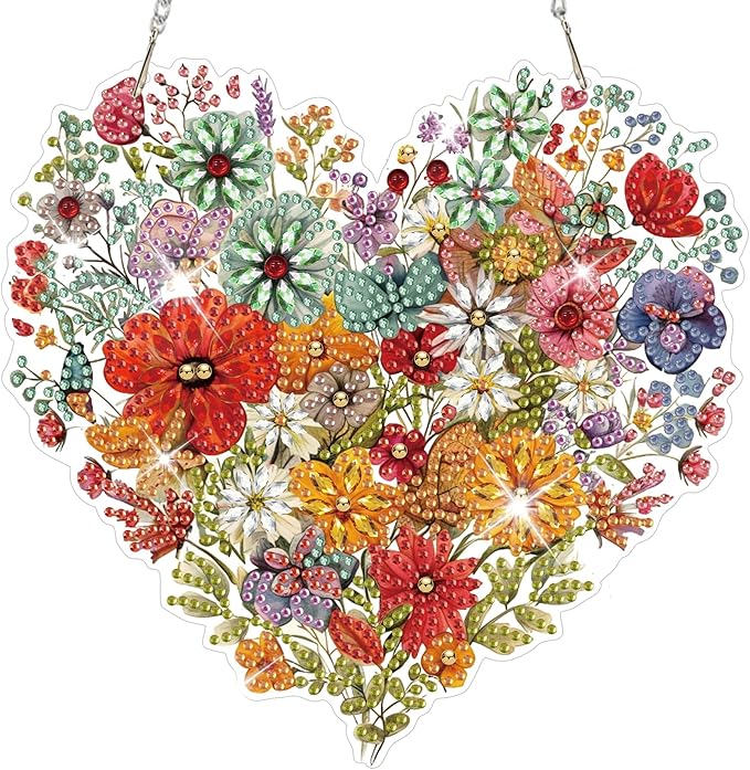 HEIBAGO Heart Flower Diamond Art Hanging Kits for Adults, Diamond Art Suncatchers, 5D Special Shape Diamond Painting Pendant, DIY Window Ornament Gifts for Home Garden Door Wall Decor 8.3 x 8.3 Inch