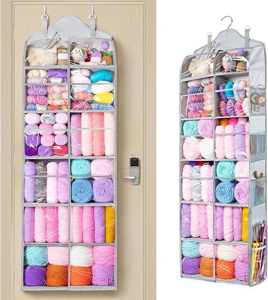 MYBAGZING Hanging Yarn Storage Organizer with Zipper Pockets, 6 Tiers Over the Door & Closet Yarn Holder, Large Crochet & Knitting Organizer with Side Pockets for Hooks, Needles & Accessories