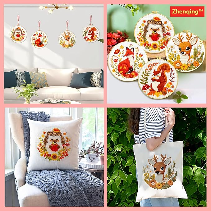 Zhenqing Autumn Animals Cross Stitch Kit - 4-Piece Set with Pre-Printed 11CT 24x24cm Fabric, Hoop & Tools, Fall Theme Animal Designs for Beginners (70412)