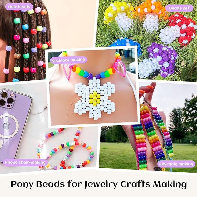 1000+Pcs Pony Beads for Bracelets, 12 Colors Rave Kandi Bead Bulk Plastic Hair Beads for Jewelry Making Rainbow Colorful Large Hole Bead Arts and Crafts DIY Necklace Keychain Making