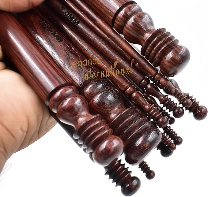 Wooden Crochet Hooks Set of 15-3.5mm to 25mm - Rosewood Crochet Hooks for Arthritic Hands - Ergonomic Soft Grip Handle - for Crocheting & Knitting - Christmas Gifts for Her(Hooks,Stand,Bowl)