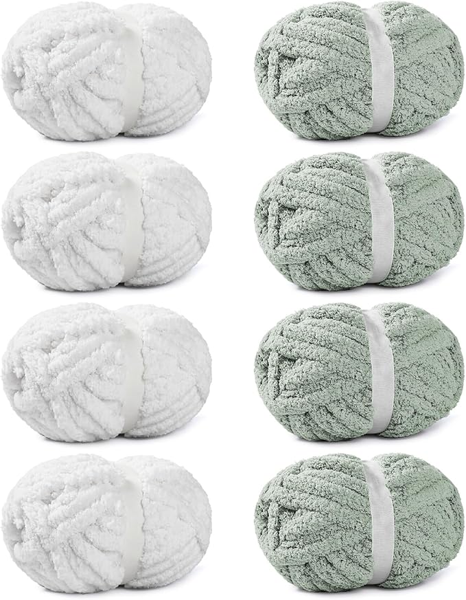 8 Pack Chunky Yarn for Hand Knitting, Chunky Chenille Yarn, Super Bulky Chunky Knit Blanket Yarns Jumbo Big Thick Chunky Yarns for Crocheting, 4 White & 4 Sage Green(27yds,7.97 oz Each Skein)