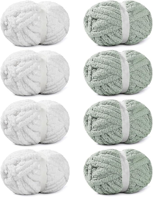 8 Pack Chunky Yarn for Hand Knitting, Chunky Chenille Yarn, Super Bulky Chunky Knit Blanket Yarns Jumbo Big Thick Chunky Yarns for Crocheting, 4 White & 4 Sage Green(27yds,7.97 oz Each Skein)