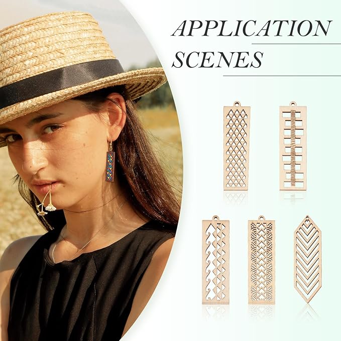 Elecrelive 30pcs Rectangle Wooden Earring Charms Unfinished Wood Filigree Charms & Earring Hooks Jump Rings Ear Nuts for DIY Earring Necklace Jewelry Making
