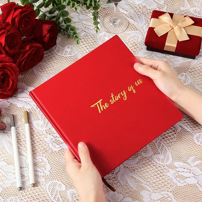Colarr Hardcover Couples Scrapbook 144 Pages 8.7 x 8.7" Valentine Couples Photo Album Scrapbook Journal for 1 Year Wedding Memory Anniversary Photo Book Gift with 2 Markers(Red)