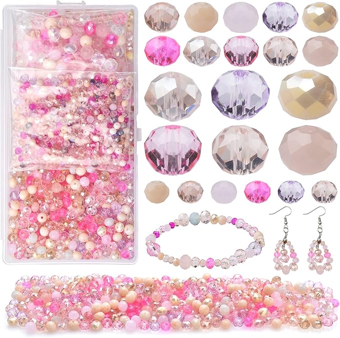 1000pcs 4/6/8mm Rondelle Glass Beads for Jewelry Making,Electroplate Round Shaped Crystal Spacer Beads Assorments for Bracelet Necklaces DIY Pink