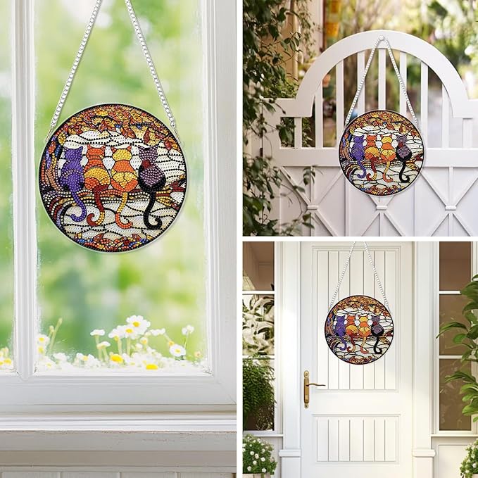 EOBROMD Diamond Hanging Art Kits for Adults, 4 Cats on Branch Diamond Art Painting Suncatcher, DIY Special Shaped Rhinestone Kits for Adults, Window Pendants Home Garden Wall Hanging Ornament