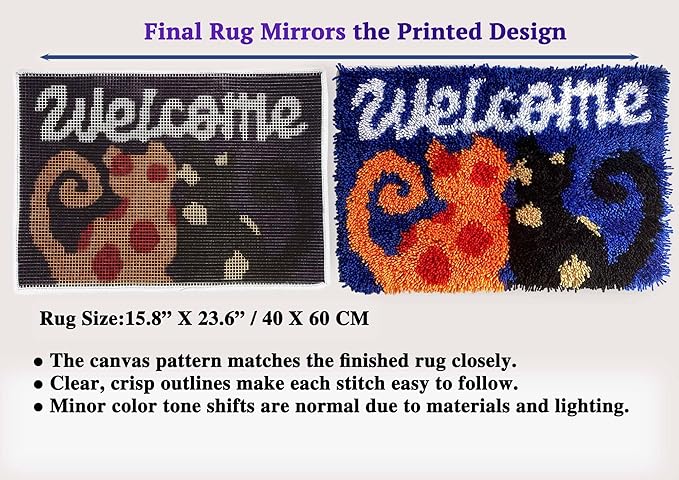 KitsMaster Welcome Cats Latch Hook Kit – Cozy Feline Doormat | Cat Lover's DIY Latch Hook Kit with Pre-Printed Canvas, Yarn & Tool- DIY Craft for Home Decor 23.6''x15.8'' (Welcome Cats)