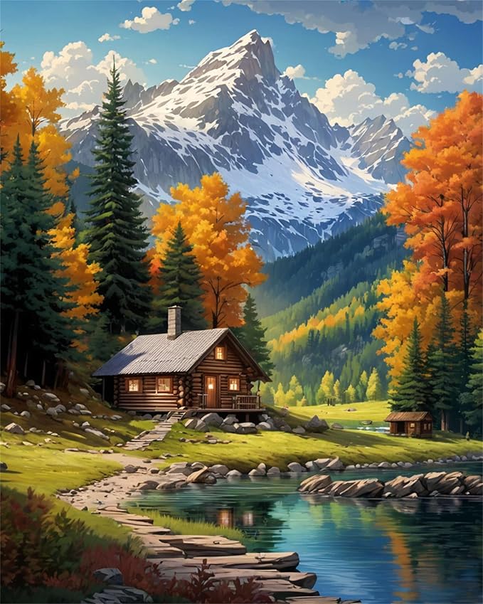 Mountain Paint By Numbers Kit For Adults Beginner Cabin Adult Paint By Number Kits On Canvas Mountain Oil Painting Kit For Beginners Adults' Paint-By-Number Kits For Gift Home Wall Decor 16x20 Inch