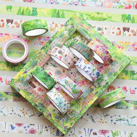 YUBBAEX 10 Rolls Four Seasons Washi Tape Set Green Grass Flowers Masking Decorative Tapes (Spring)