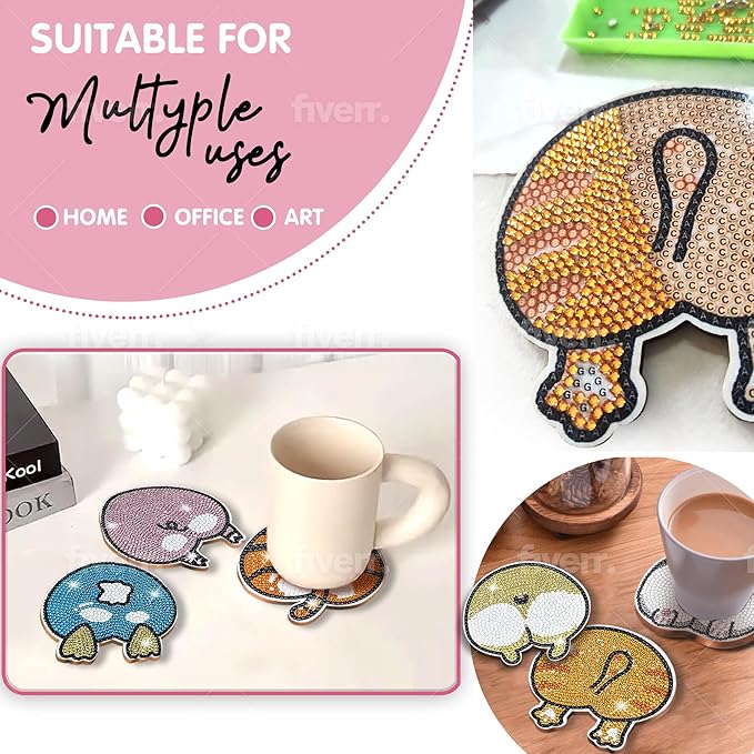 6 pcs Diamond Painting Coasters | Diamond Art Coasters | Animal Butt Diamond Art Painting | Perfect Art Craft Gift for Animal Lover, Dad, Mom, Grandparents, Brother, Sister.