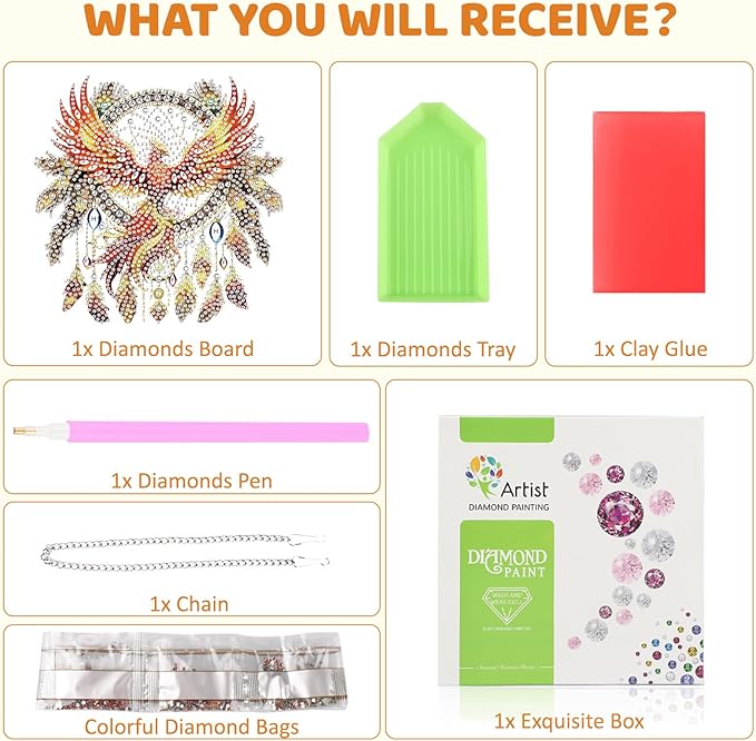 MEIYUDA Dreamcatcher Diamond Art Hanging Kits for Adult, Firebird Diamond Painting Hanging Kits Ornaments, DIY Phoenix Special Shaped Rhinestone Window Pendants kit for Home Garden Wall Decor Gift