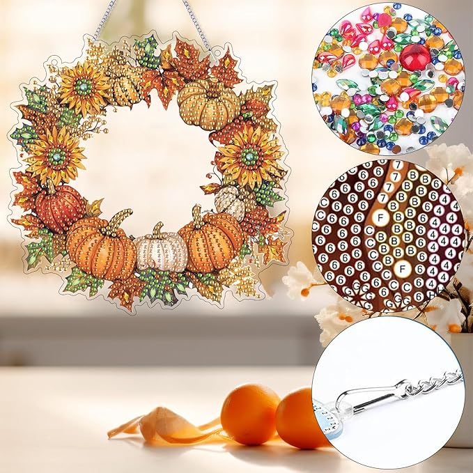Bimkole Halloween Diamond Art Hanging Kit for Adult, DIY 5D Diamond Art Pumpkin Window Pendant, Acrylic Crystal Art Hanging Ornament Home Wall Garden Front Door Sign Outdoor Decor 7.8x7.8 Inch
