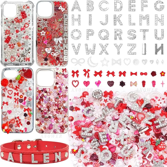 330 Pcs Junk Phone Case Charms 26 Pcs A-Z Rhinestone Alphabet Letter Charm, Mix Red White Flower Bow Heart Pearls Flatback Resin Charms Letter Junk Cases Kit for DIY Crafts
