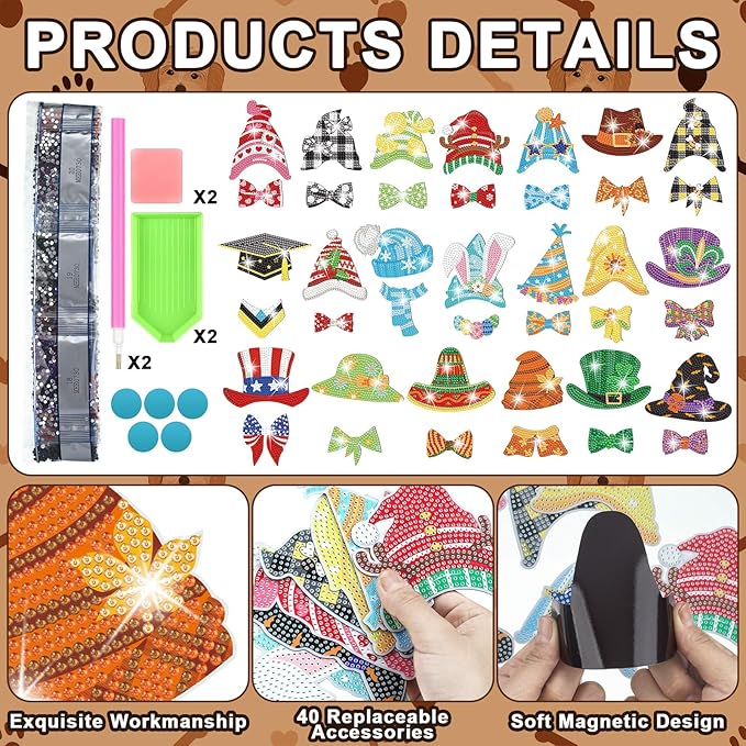 DoubleFill 42 Pcs Easter Diamond Kits St Patricks Day Interchangeable Wooden Table Decorations DIY Holiday Easter Party Seasonal Tiered Tray Art Decor Diamond Painting Magnets(Dog)