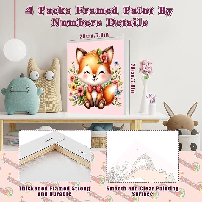 4 Pack Animal Paint by Number for Kids with Wooden Frame, Paint by Numbers for Kids Animals Ages 4-8-12, Easy Elephant Fox Sea Turtle Horse DIY Acrylic Oil Painting Kits for Home Wall Decor (8X8 inch)