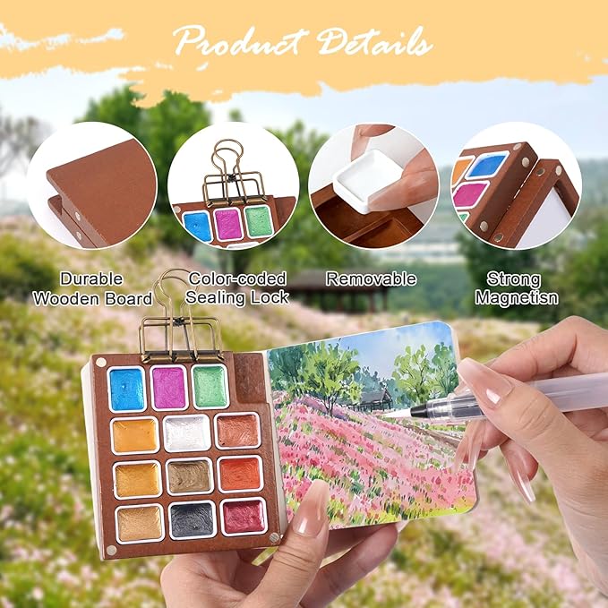 Mini Watercolor Travel Set – 24-Color Watercolor Paint Kit with 12 Special & 12 Standard Pigments, 12-Well Removable Wooden Palette, 5 Brushes & 2 Sketchbooks – Portable Art Kit for Beginners, Students & Artists