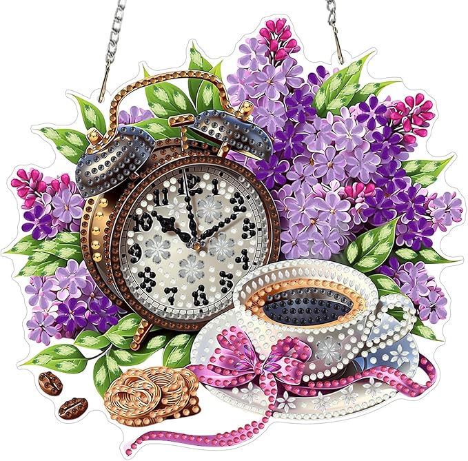 MXJSUA Flowers Coffee Diamond Painting Art Window Suncatchers, Diamond Art Kits for Adults Hanging Ornaments with Chain, 5D Special Shape Crystal Diamond Pendant Accessories for Decor Gift 8x8 Inch