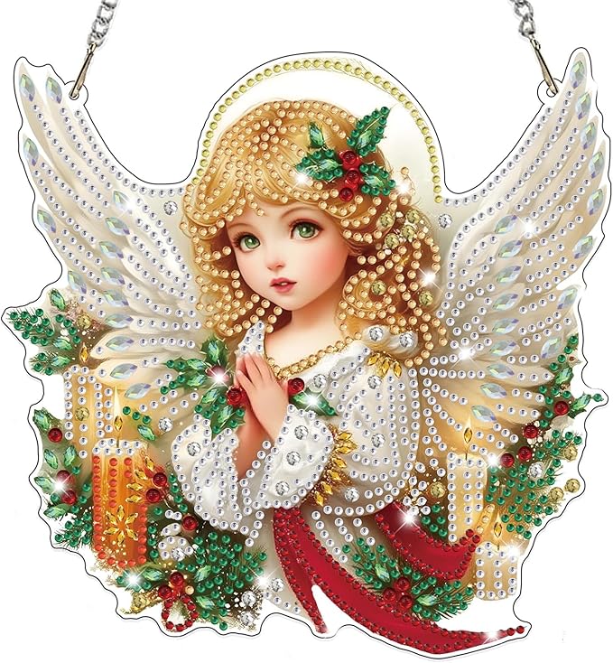 Bowetile Christmas Diamond Art Hanging Kits for Adults, Angel Diamond Art Suncatchers, 5D Special Shape Diamond Painting Pendant Window Ornament Christmas Gifts for Home Door Wall Decor