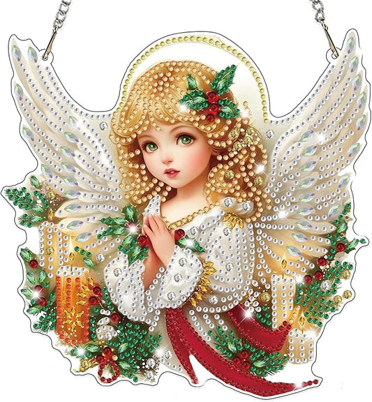 Bowetile Christmas Diamond Art Hanging Kits for Adults, Angel Diamond Art Suncatchers, 5D Special Shape Diamond Painting Pendant Window Ornament Christmas Gifts for Home Door Wall Decor