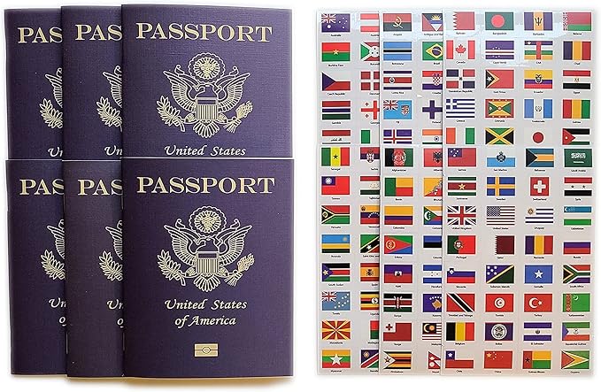 SJPRINTER Passport - Little passports Travelers notebook - Set with travel stickers world flags - Pretend play, party favors, airplane toy, journal notebooks, geography, classroom social study