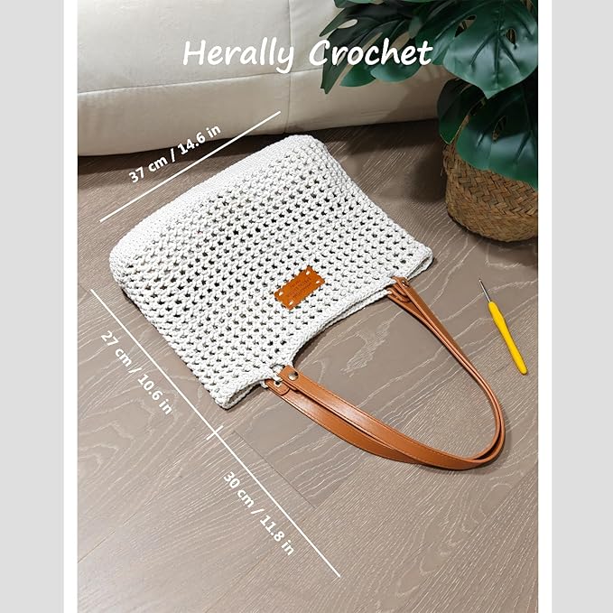 Herally Crochet Kit DIY Bag for Beginners - Include Yarn, Hook and Accessory - with Step by Step Video Tutorials - Crochet Tote Bag Beige