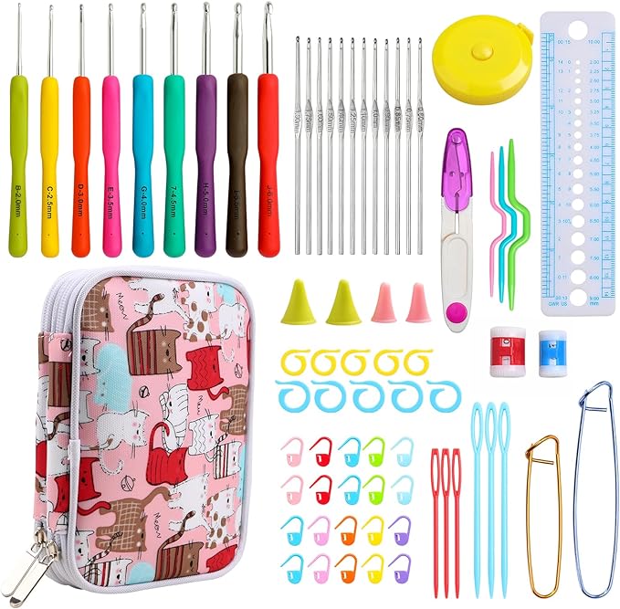 KOKNIT Crochet Hooks Set with Storage Case, 68pc Knitting Accessories, Soft Grip Ergonomic Crochet Needles, Smooth Coloured Aluminum Yarn Crochet Hooks Crochet Kit with Crochet Tools