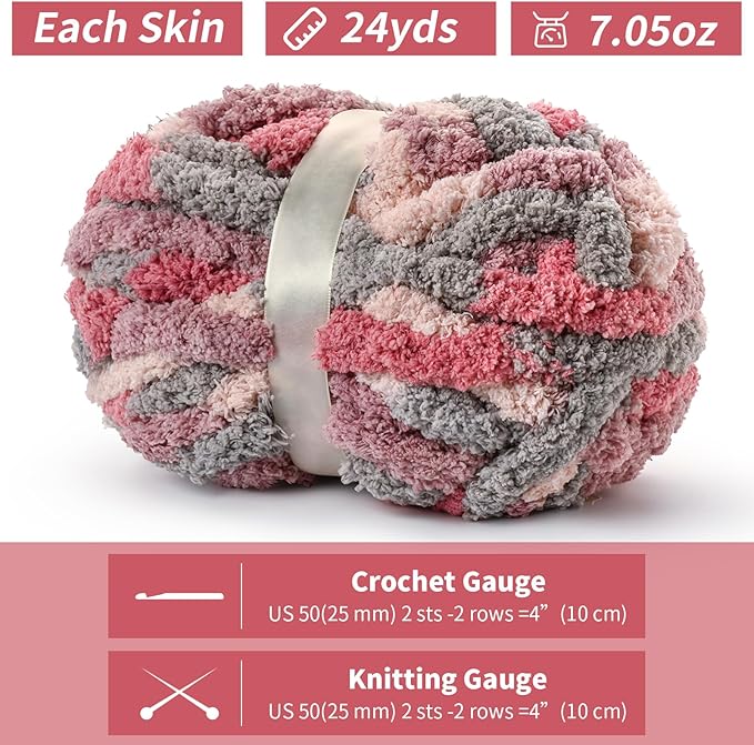 10 Pack Jumbo Chunky Yarn for Hand Knitting, Fluffy Chunky Chenille Yarn for Crocheting, Variegated Chunky Knit Baby Blanket Yarn, 240 yds /70.5 oz Super Bulky Yarn（Grey-Pink-Purple）