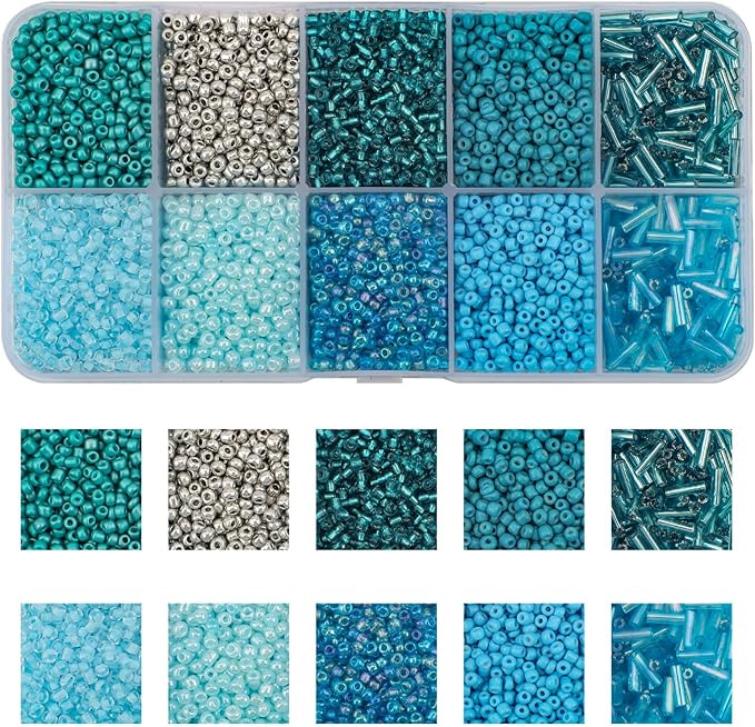 Approx 5000pcs 12/0 Glass Seed Beads for Jewelry Making, 2mm Mix 10 Colors Tube Beads Glass Bugle Beads Waist Beads Kit for Bracelets Necklaces Earrings DIY Supplies (Lake Blue)