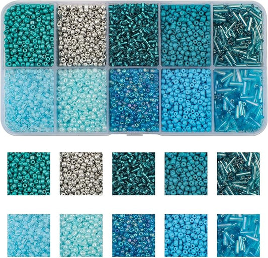 Approx 5000pcs 12/0 Glass Seed Beads for Jewelry Making, 2mm Mix 10 Colors Tube Beads Glass Bugle Beads Waist Beads Kit for Bracelets Necklaces Earrings DIY Supplies (Lake Blue)