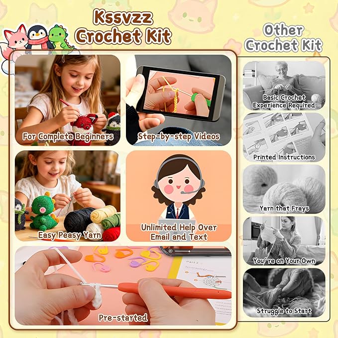 Crochet Kit for Beginners Kids - 3 Pack Animal Beginner Crochet Kit for Kids Adults Teens, Amigurumi Craft Knitting Supplies Set with Step-by-Step Video Tutorials, DIY Crocheting Gifts for Crocheters