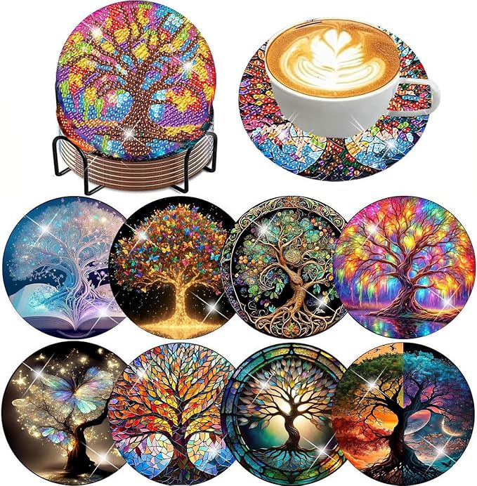 igoodom 8 Pcs Tree of Life Diamond Art Coasters Kit with Holder, DIY Tree Diamond Painting Coasters for Beginners Adults, Non Slip Diamond Art Kits Craft Supplies 4x4inch