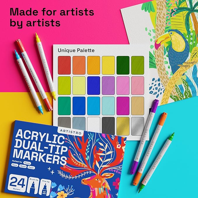 ARTISTRO 12 Acrylic Paint Markers - Paint Pens for Drawing, Brush + Fine Tips - For Fabric, Rock, Glass, Wood, DIY, Eggs - Art & Craft Supplies for Adults, Teens, Kids - Easter Basket Stuffers