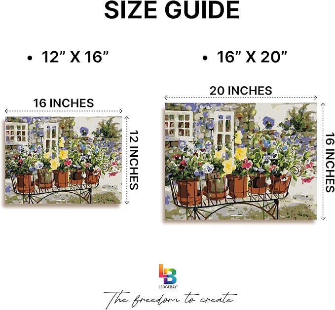 Ledgebay DIY Paint by Numbers Kit for Adults Framed Canvas Beginner to Advanced Paint by Numbers Kit, Kits Include Acrylic Paint Set, Brushes & Tabletop Easel (Ritas Pansies 16" x 20" Framed)