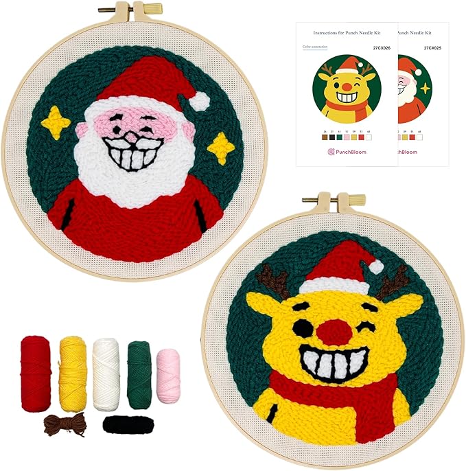 Christmas Punch Needle Kit for Adult Beginner, 2-Pack Santa & Reindeer Easy Punch Embroidery Starter Set with Instruction, Fun DIY Needle Point Craft for Home Decor & Holiday Gift Idea