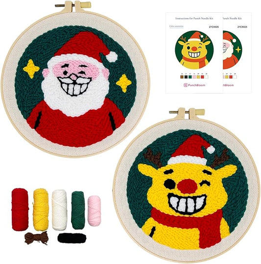 Christmas Punch Needle Kit for Adult Beginner, 2-Pack Santa & Reindeer Easy Punch Embroidery Starter Set with Instruction, Fun DIY Needle Point Craft for Home Decor & Holiday Gift Idea