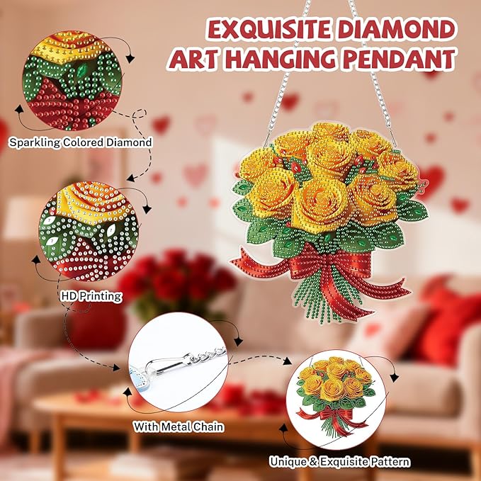 Bowetile Valentine's Day Diamond Art Hanging Kits for Adults, Diamond Art Suncatchers Yellow Roses, 5D Special Shape Diamond Painting Flowers Pendant Window Ornament Gifts for Home Door Wall Decor