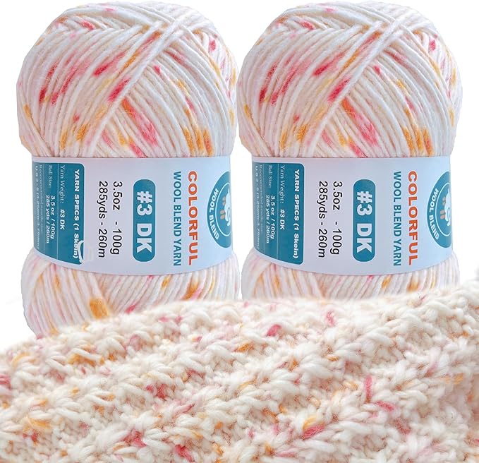 2 Pack Wool Blend Yarn, 2x3.5oz / 285yds, #3 DK, 20% Wool 80% Acrylic, Variegated, Single-Ply Soft Crochet & Knitting Wool Yarn for Sweaters, Scarves, Hats (Blushing Ivory)