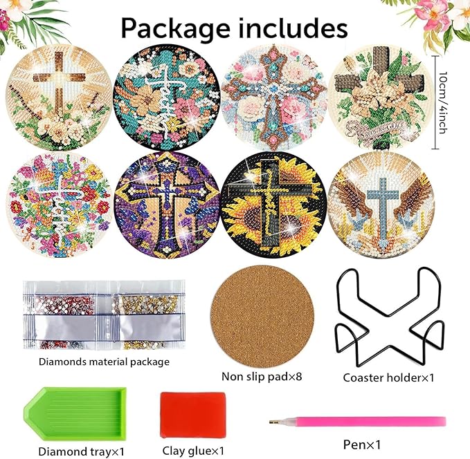 igoodom 8 Pcs Cross Diamond Art Coasters Kit with Holder, DIY Cross Diamond Painting Coasters for Beginners Adults, Non Slip Diamond Art Kits Craft Supplies 4x4inch