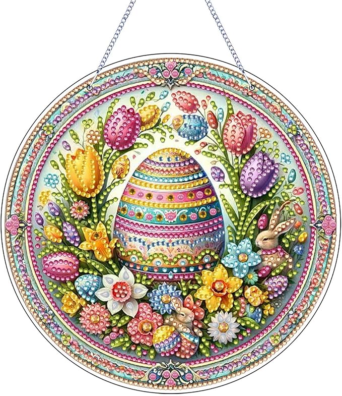 VODAPYC Easter Diamond Art Hanging Kits for Adults, DIY Double Sided Partial Special Shaped Diamond Art Window Pendant Ornament(Easter Flower Egg)