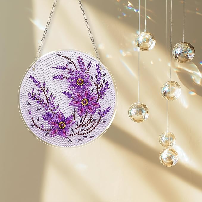 Eiflow Glass Diamond Art Hanging Kit for Adults, DIY Diamonds Painting Door Hanging Board Kit, Special Crystal Diamond Art Painting Pendant Ornament (Purple Flower)
