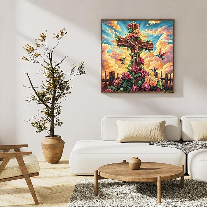 Paint by Numbers Kit for Adults Beginner Religious Cross, Flower Adult Paint by Number Kits on Canvas, Jesus DIY Acrylic Oil Painting by Numbers for Adults, Perfect for Home Wall Decor 16X16 Inch
