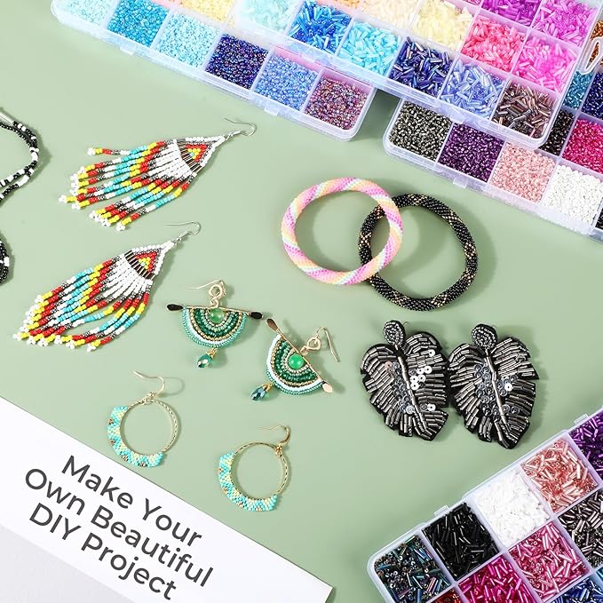 Tondiamo 32000 Pcs 2mm Glass Seed Beads and 12000 Pcs 7mm Tube Beads Set, Small Craft for DIY Bracelet Necklaces Crafting Jewelry Making Supplies with Beading Needles Elastic Strings, 48 Colors