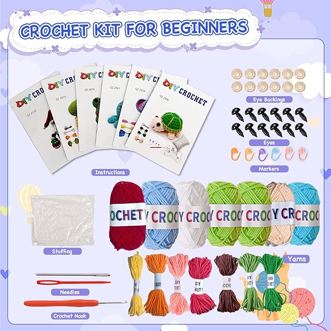 Wunila 6Pcs Crochet Kit for Beginners, Crochet Animal Kits for Adults with Step by Step Videos Tutorials, Knitting Kit for Crochet Lovers Great Birthday Holiday Gift, DIY Handmade Gifts