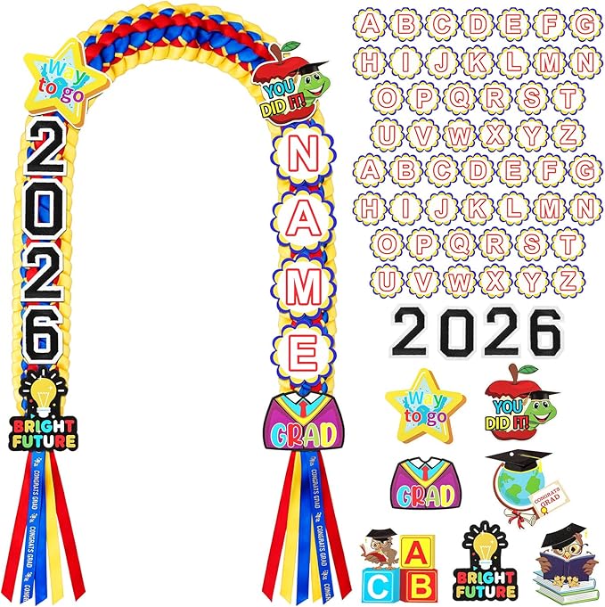 Juexica Kindergarten Graduation Ribbon Leis Class of 2026 Braided Necklace Making Kit with Alphabetic Decorative Cards Preschool Kids Grad Graduation Party Gifts(Red, Yellow, Blue)