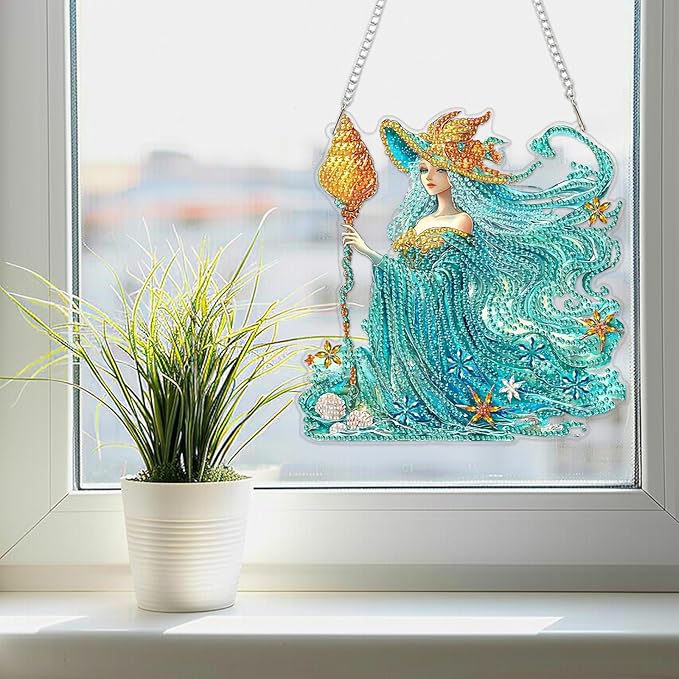 SENQAO Fairy Diamond Art Hanging Kit for Adult, Special Shaped Rhinestone, Double Sided DIY Acrylic Diamond Art Painting Window Pendants Home Garden Wall Hanging Kits Hanging Ornament (Shell Witch)