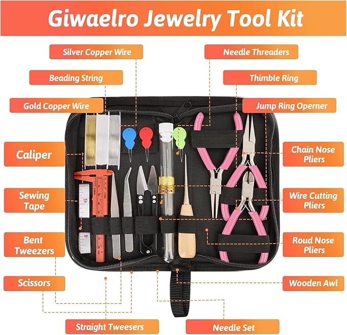 Giwaelro Jewelry Making Kit for Adults, Jewelry Making Supplies with Jewelry Making Tools, Jewelry Pliers, Jewelry Wires, Findings, Necklace Chains, Magnifier and Storage Bag (Pink)
