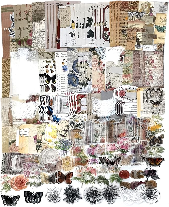 Esweny 260PCS Vintage Journaling Scrapbooking Supplies Scrapbook Sticker Paper Ephemera Pack for Junk Journal Planners Collage Craft Notebooks Album (Flowers and Butterflies)