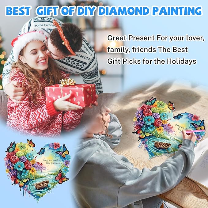 Bowetile Heart-Shaped Flower Diamond Art Hanging Kits for Adults, Diamond Art Suncatchers Butterfly, 5D Special Shape Diamond Painting Pendant Window Ornament Gifts for Home Wall Garden Decor